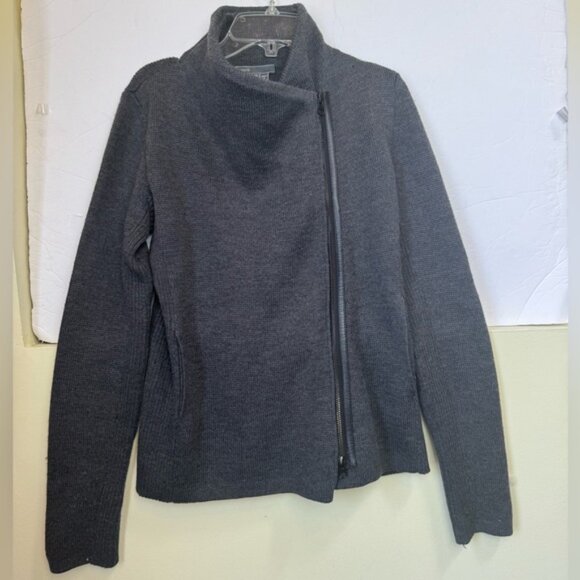 VINCE Wool Leather Moto Sweater Jacket Knit Asymmetrical Zip Funnel Minimalist - Picture 3 of 16